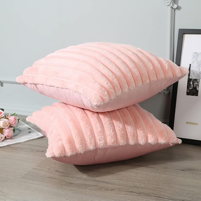 Soleebee Set of 2 Throw Pillow Covers Soft Cozy Velvet Pillowcase Faux Rabbit Fur Cover for Couch Sofa Bed Chair Home Decorative Pillows Cover (20x20 Inch, Pink)