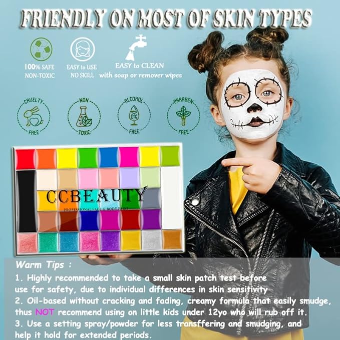 CCbeauty Professional 36 Colors Face Body Paint Kit, Largest Oil Based Hypoallergenic Neon Face Painting Palette Set with 10 Brushes for Halloween SFX Special Effects Cosplay Costume Makeup