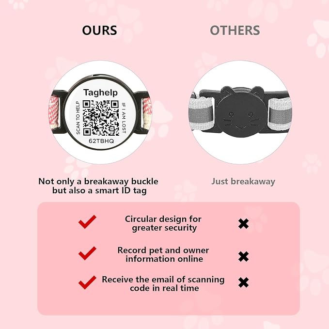 Personalized Cat Collar with smart ID Tag,Breakaway Cat Collar with Bells,Bow Tie Cat Collar with On ID Tags for Boys and Girls Safety Plaid Kitten Collars with QR ID Tag for Cats (Pink)