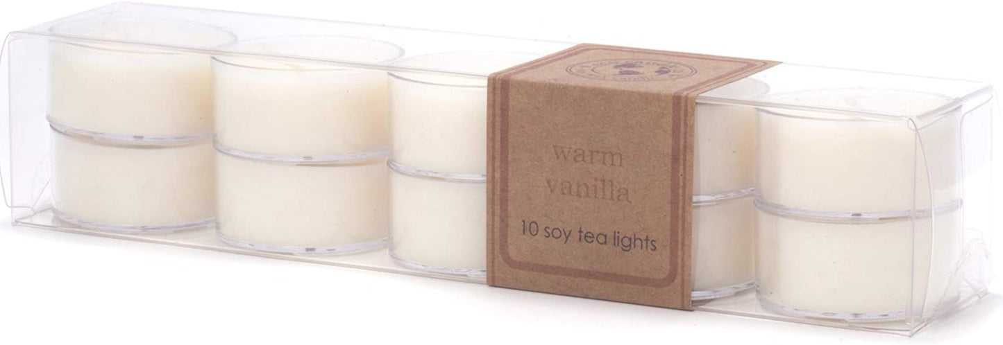 Eco Candle Co. Warm Vanilla Tea Light Candles, 10-Pack, 9 Hr Burn Time | Scents of Rich Vanilla - Recyclable Plastic Cups, No Lead, Hand Poured, Made from Midwest Grown Soybeans, .6 oz. Each