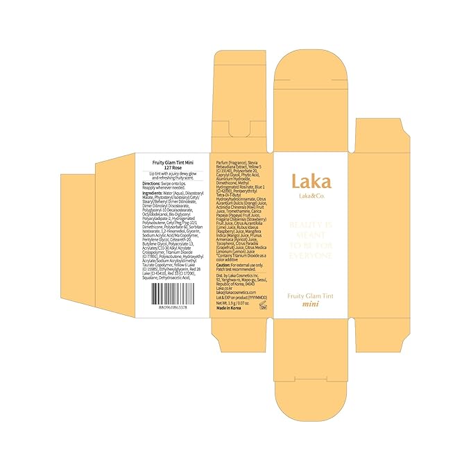Laka Fruity Glam Lip Tint Mini, 1.9g/0.07oz, Glowing Lip Stain with Wide Color Spectrum, Hydrating & Lightweight Texture, Long-Lasting Bold Stain, Non-Sticky, Vegan, K-Beauty (#127 Rose)