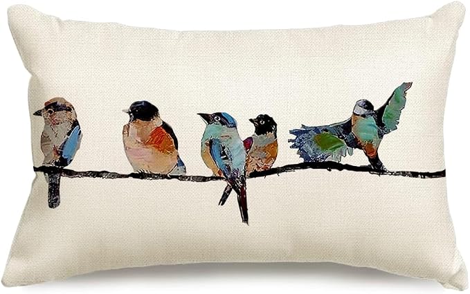 RABUSOFA 12x20 Lumbar Pillow Decorative Throw Pillows,Small Hand-Painted Outdoor Birds Pillowcases,Spring Summer Pillows Decorative Throw Cushion Covers Linen for Couch Sofa Teal Blue