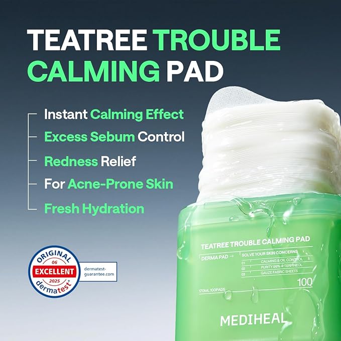 MEDIHEAL Toner Pads [Teatree] Trouble Calming - Contains Purity 99% Teatree (4-Terpineol) - Calming & Soothing for Sensitive & Acne Prone Skin - Vegan Hypoallergenic Face Gauze (100 Count)