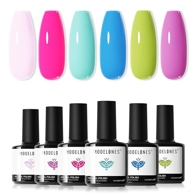 Modelones Gel Nail Polish Set, 6 Colors 2026 Easter Spring Pastel Mint Purple Light Pink Gel Polish Rainbow Bright Neon Green Blue Hot Pink Nail Polish Soak Off LED Manicure Salon DIY Starter kit Gift