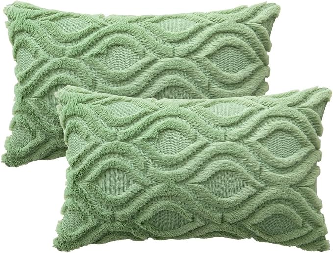 MIULEE Sage Green Soft Plush Faux Wool Lumbar Throw Pillow Covers 12x20 | Set of 2, Farmhouse Boho Home Decor, Decorative Cushion Covers for Sofa, Living Room, Bed