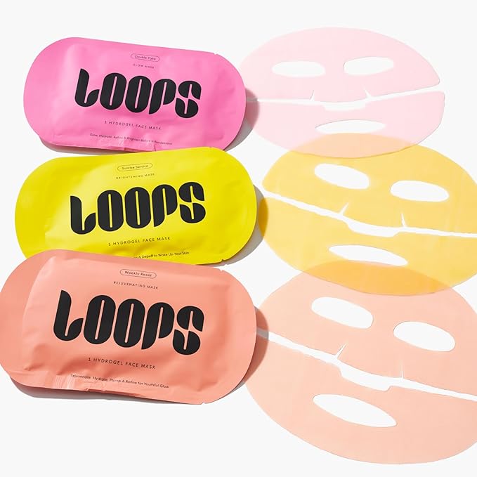 LOOPS Glow Gang Mask Set – Weekly Reset for Rejuvenation, Double Take for Energized Skin, Sunrise Service for – Hydrating and Pore Refining – Safe for Sensitive Skin - Hydrogel Face Masks - 3pc