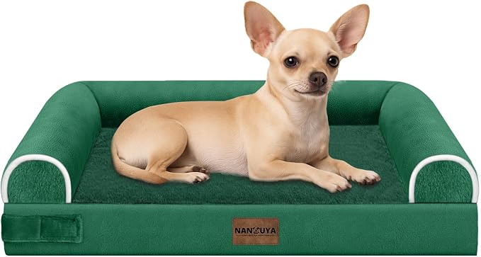 Orthopedic Dog Bed for Small Dogs, 24 x 16 Inch, Emerald | Egg crate foam for joint support, 3-sided bolster pet sofa, waterproof lining, washable cover, and non-skid base