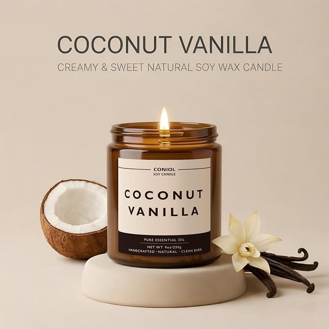 Coconut Vanilla Scented Candles for Home, Natural Soy Wax Candle with Essential Oils, 9oz Amber Jar Aromatherapy Candel, 50H Long & Non-toxic Burning, Hand Poured, Giftable, Relaxation,Birthday