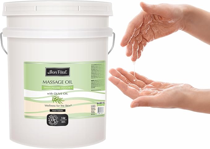Bon Vital' Therapeutic Touch Massage Oil, 5-Gallon Pail, Unscented Massage Oil for Massage Therapy With Olive Oil, Lightweight Non-Greasy Formula, Professional-Grade for Dry Skin and Sore Muscles