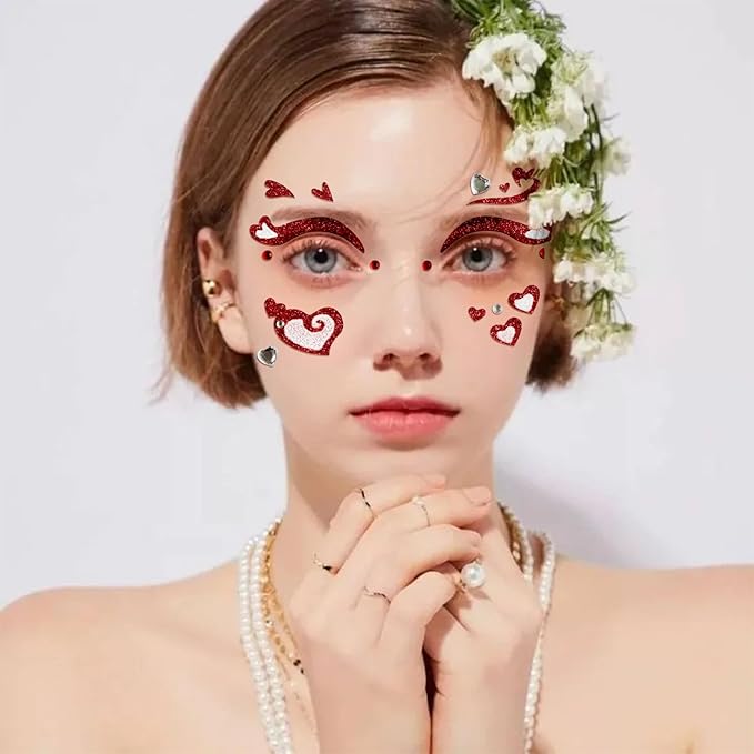 Heart Face Tattoos Stickers Glitter Face Gems Valentine's Day Temporary Tattoo Face Stickers for Women 4Pcs
