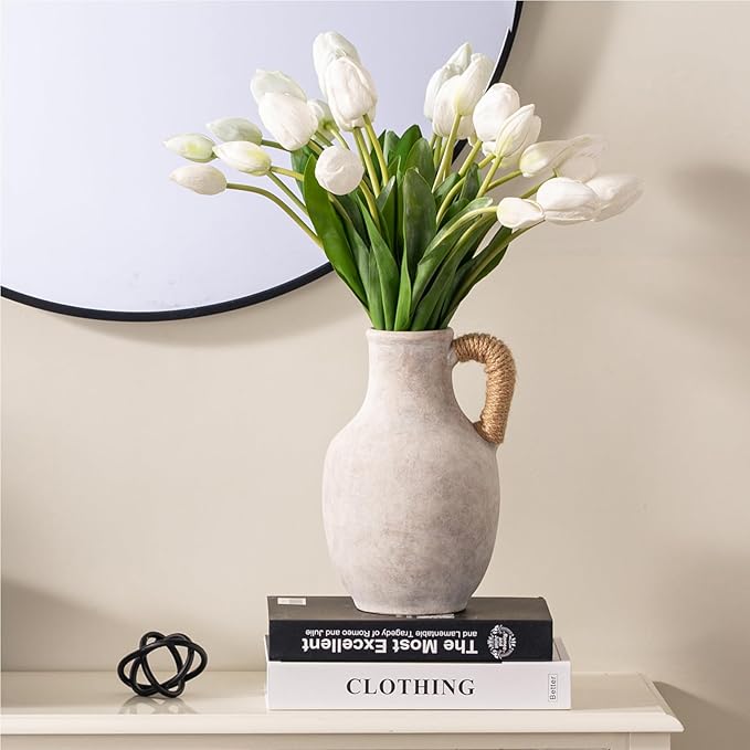 Vanselia Ceramic Flower Vase Home Table Decor Living Room Farmhouse 10 in | Large Tall White Rustic Decorative Flowers Vases Plant Modern Decoration for Kitchen Shelf Coffee Dining Centerpieces Desk