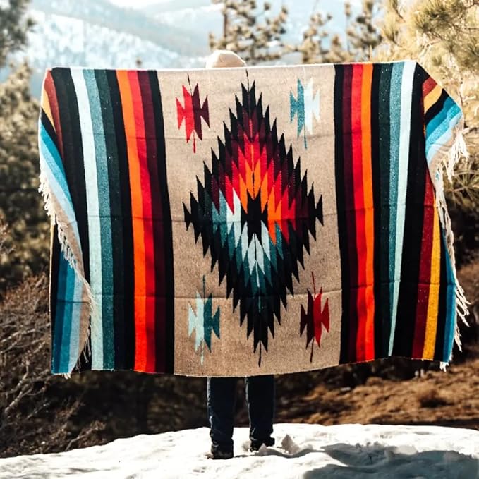 Open Road Goods Aztec Navajo Style Blanket, Throw, or Yoga Bolster - Handwoven Mexican Diamond Blanket (Multi Tan)