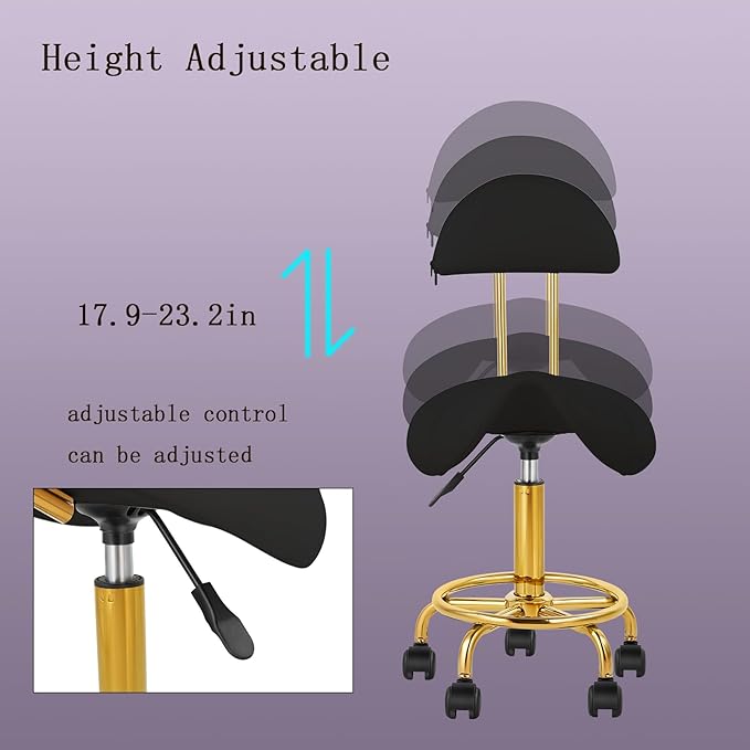 Saddle Chair Rolling Ergonomic Swivel Chair with Soft Comfortable Cushion and Wheels Hydraulic Adjustable Stool for Home Office Dental Tattoo Salon Shop Use with Backrest (BlackGold)