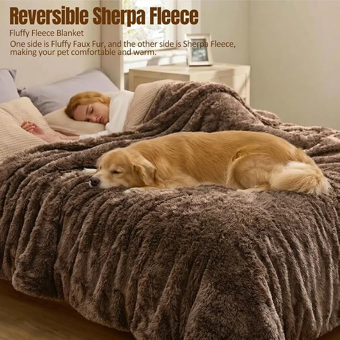 Pet Blankets Waterproof Fluffy Fleece Blanket Cat Dog Blankets Liquid Pee Proof Throw Blanket Reversible Furniture Protector Cover Washable for Couches Beds Sofa 57"x40" Brown