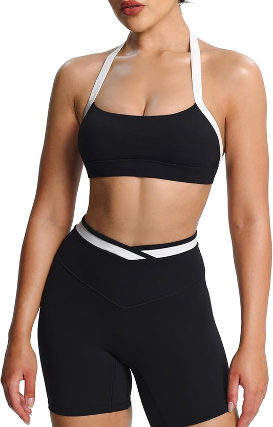 Aoxjox Women's Color Block Halter Workout Sports Bras Fitness Athletic Vanessa Bra Yoga Crop Tank