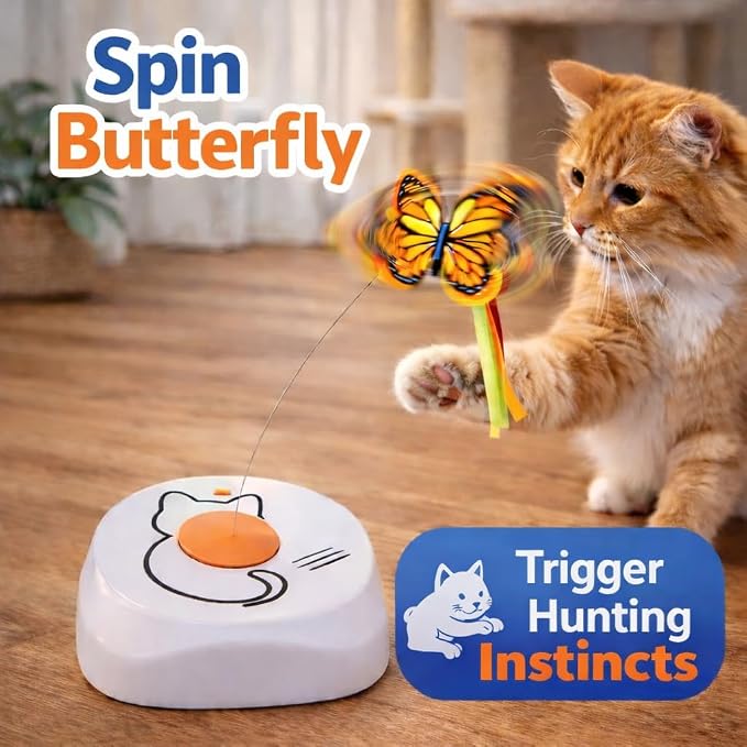 Interactive Cat Toy for Indoor Cats, Automatic Rotating Butterfly Feather Wand, Self Play Electric Cat Toy for Exercise & Mental Stimulation, Quiet Energy-Saving, AA Battery Operated