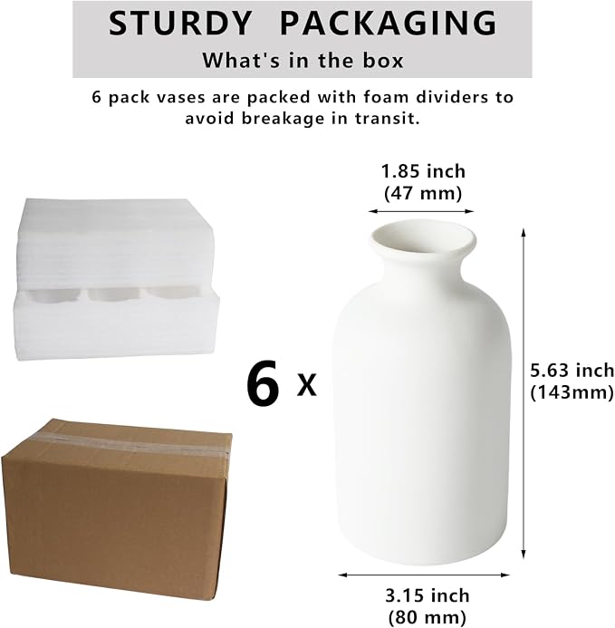 YANLING 6 Pcs White Vase Ceramic Vases for Home Decor, 5.6 inch Boho Vases | Small Pampas Grass Vases for Wedding, Party, Restaurant, Coffee Table, Foam Box Packaging