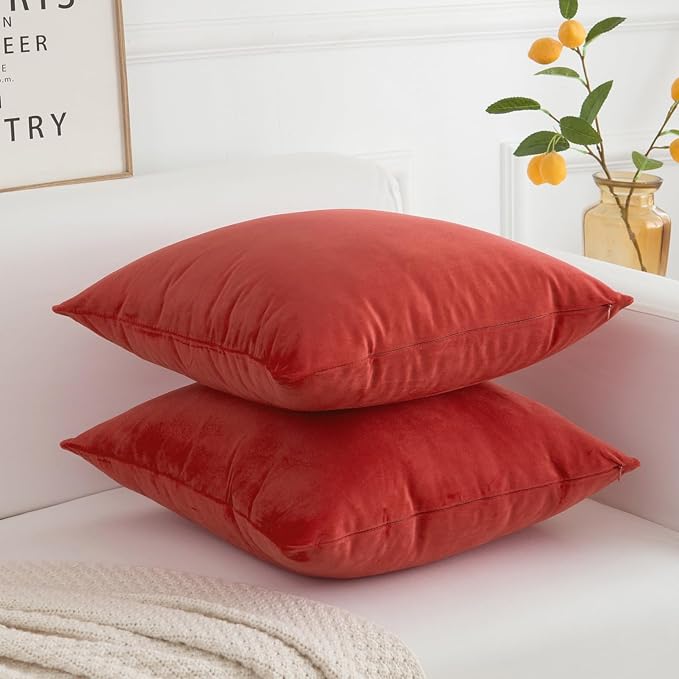 Velvet Decorative Throw Pillow Covers, Soft Square Cushion Case Home Decor for Living Room Couch Bed Sofa, Set of 2 Pack, Red, 16x16 Inch