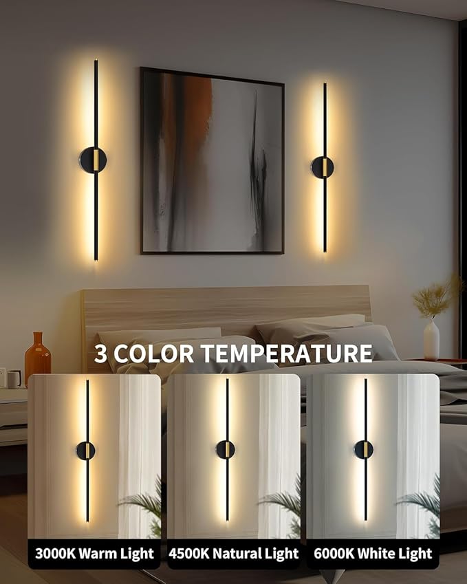 40" Battery Operated Wall Sconce Set of 2, 350° Rotating Lamp, Black Gold | Wireless, 8000mAh Rechargeable Battery, Stepless Dimming, 3000K-6000K, Remote & Touch Control, Timer, Living Room, Bedroom