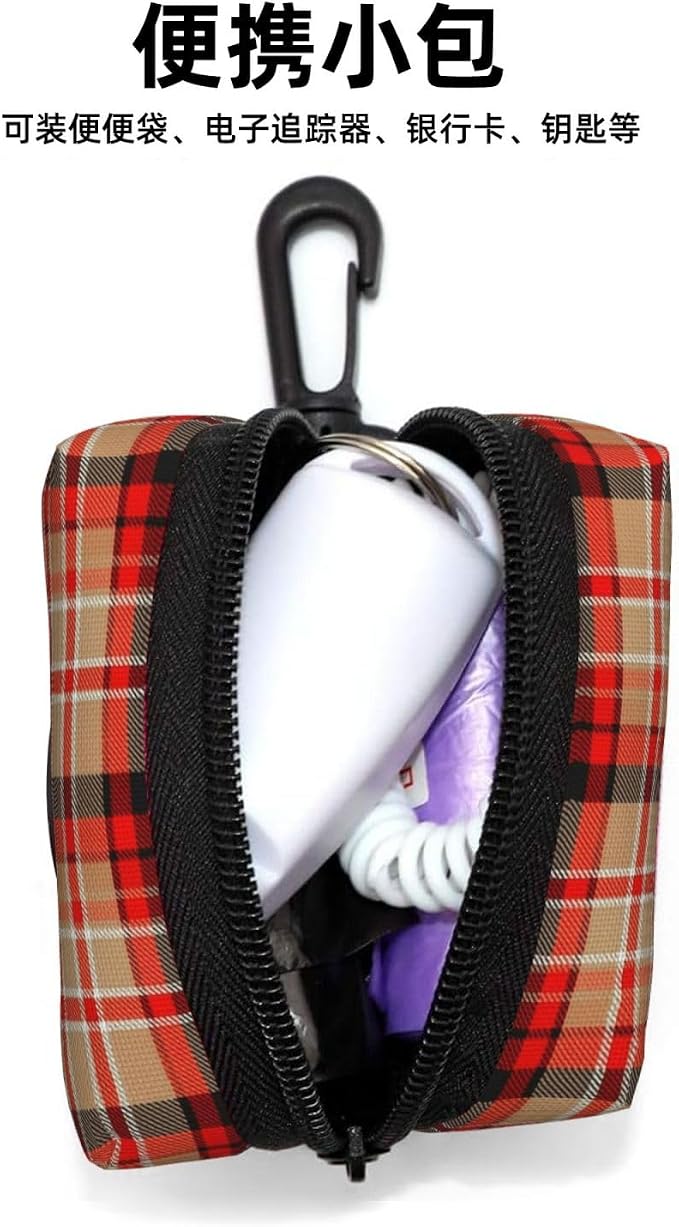 Dog Waste Bag Dispenser Pet Poop Bags Holder Zipper Red Beige Tartan Plaid Pattern Small Doggy Puppy Pouch for Leash Accessory