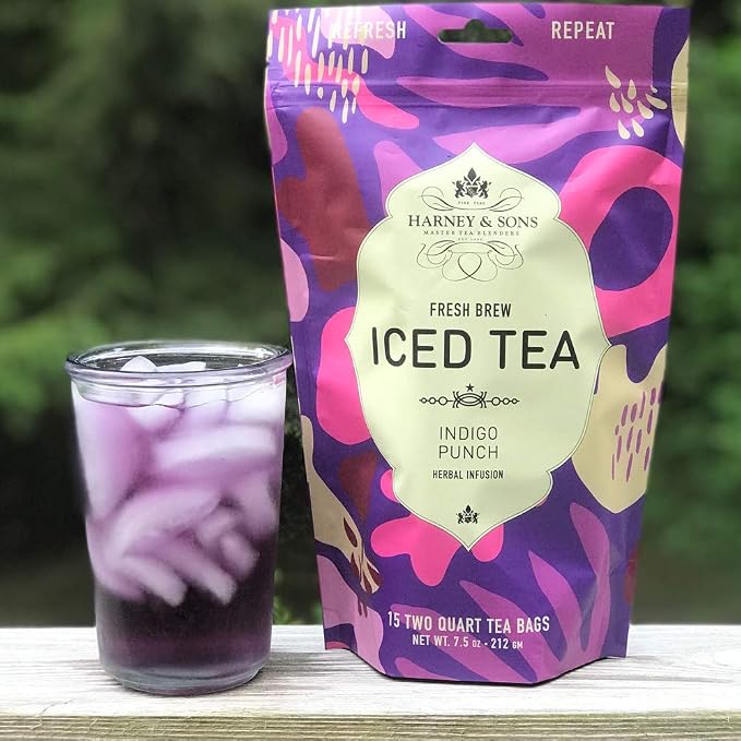 Harney & Sons Fresh Brew Herbal Iced Tea, Indigo Punch Butterfly Pea Flower Tea, 15 Iced Tea Bags, Color Changing Herbal Tea