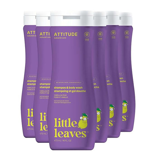 ATTITUDE Shampoo and Body Wash for Kids, EWG Verified Hair and Body Cleanser, Dermatologically Tested Soap, Plant and Mineral Based Bath Products, Vegan, Vanilla & Pear, 16 Fl Oz (Pack of 6)
