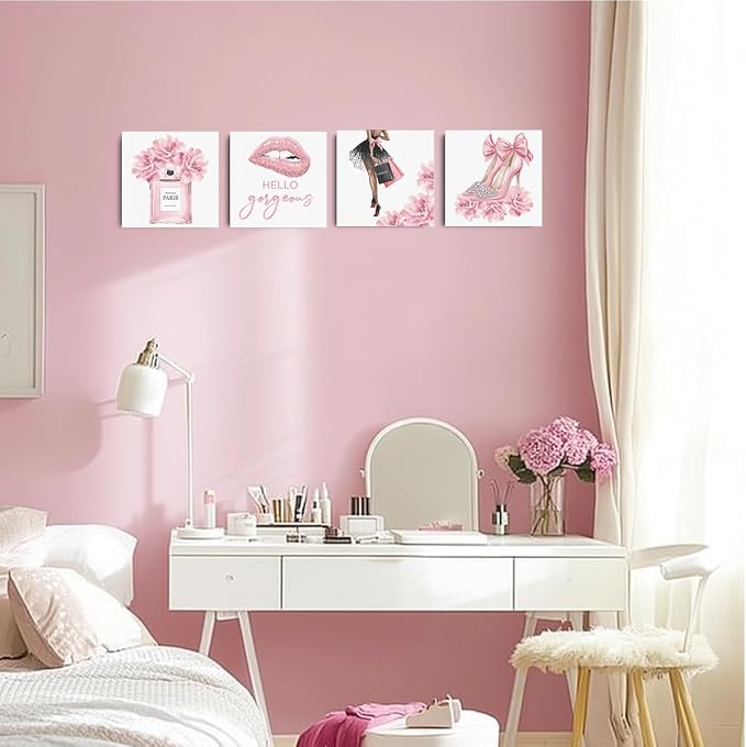 Pink Fashion Canvas Wall Art, Perfume High Heels Lipstick Beauty Wall Decor | Aesthetic Framed Posters Art Prints Artwork Pink Pictures for Women Girls Room Apartment Vogue Living Room Decor Set of 4