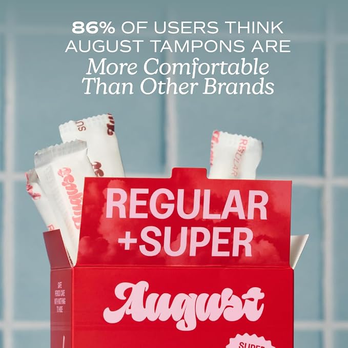 August Regular and Super Tampons - Easy-Glide Long Applicators - 96-Pack (6 Packs of 16) 100% Organic Cotton Tampons for Women, Non-Toxic, Fragrance-Free, and Hypoallergenic
