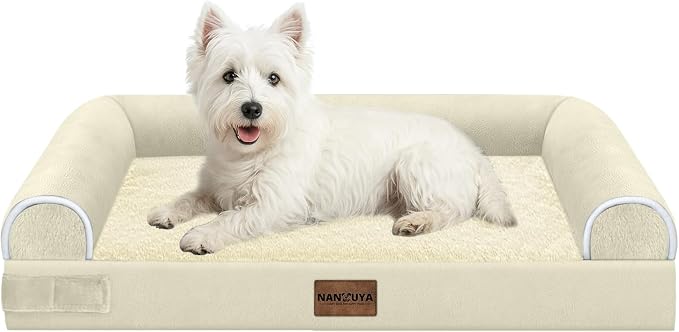Orthopedic Dog Bed for Medium Dogs, 28 x 19 Inch, Beige | Egg crate foam for joint support, 3-sided bolster pet sofa, waterproof lining, washable cover, and non-skid base
