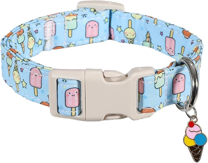 Dog Collars for Extra Small & Small Dogs, XS Dog Collar with Cute Ice Cream Print, Spring Summer Adjustable Puppy Collar with Adorable Charm and Quick Release Buckle, XS