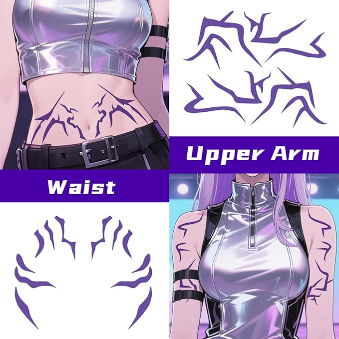 Cosplay Temporary Tattoos, 6 Sheets Purple Tattoos Waterproof Body Art Prop for Cosplay Halloween Party Makeup Realistic Accessories