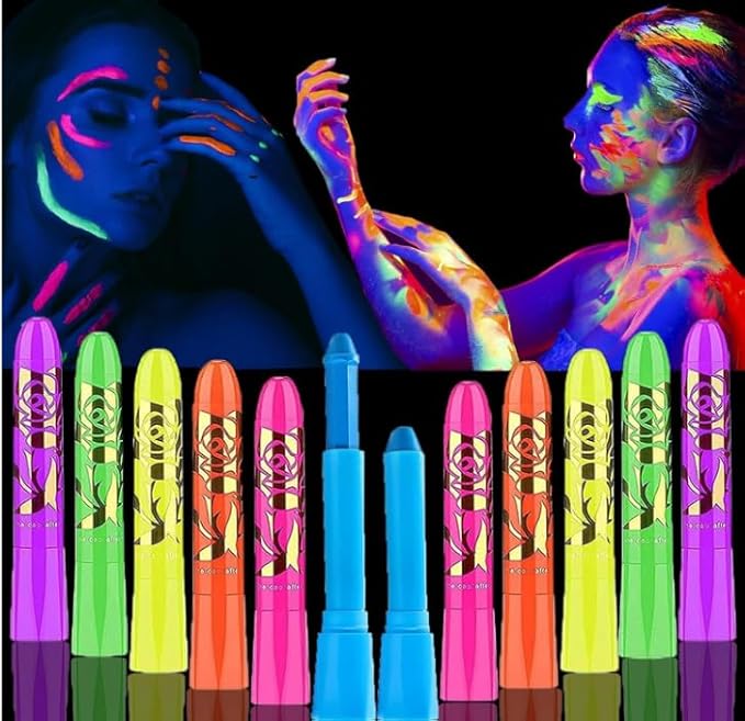 12 Pcs Face Painting Kits for Kids, Glow In The Dark Under UV Black Light Sticks，Face Body Paint Glow Party Supplies，for Birthday, Halloween, Thanksgiving Day, Cosplay Makeup, Gifts for Kids Adult