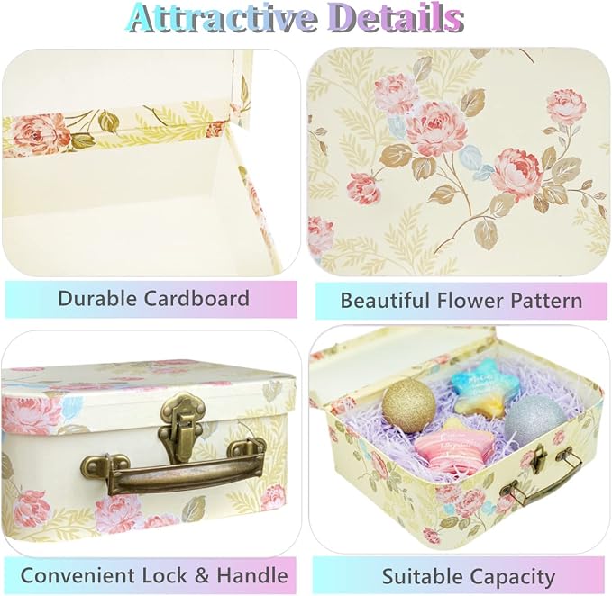 Paperboard Suitcases(Set of 3), Gift Boxes With Lids For Presents, Photo Storage, Dolls, Perfect for Home Decoration, Baby Shower Wedding, Birthday, Christmas and New Year Decor(Yellow Flowers)