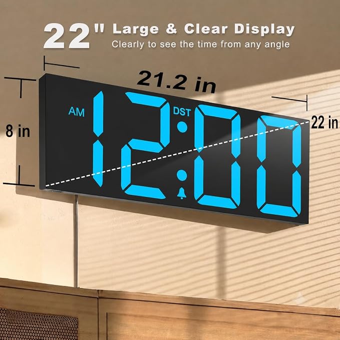JALL 22" Large Digital Wall Clock, Big LED Display with Night Light, Auto Dimming & DST, Giant Alarm Clock for Seniors, Elderly Parents, Gift for Mom Dad (Blue)