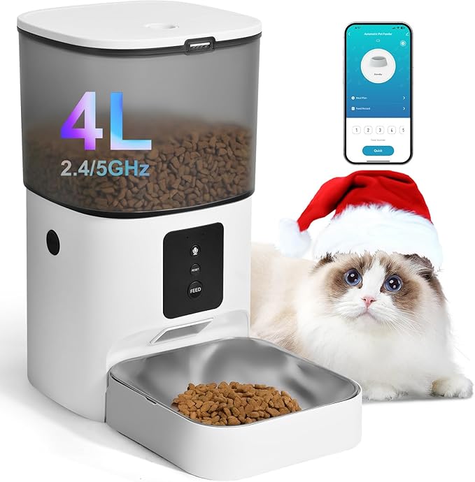 2.4G/5G Automatic Cat Feeder, 4L WiFi Food Dispenser with 10s Voice Recorder, Pet Feeder up to 10 Meals per Day, Timed Cat Feeder with Dry Food Sealed Ring