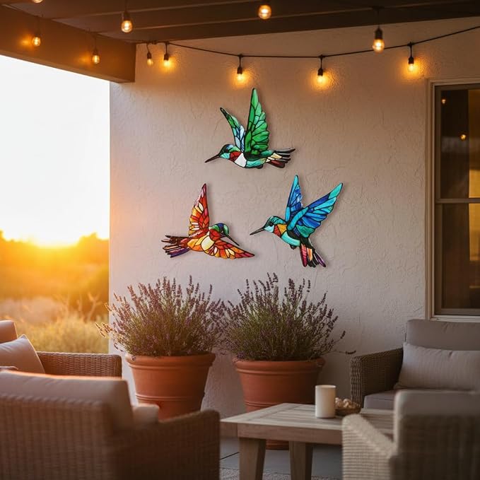 VEWOSTAR 3 Pcs 3D Metal Hummingbird Wall Art | Colorful Birds Outdoor Fence Wall Art Decor, Holiday Garden Decor,Metal Bird Wall Decor for Modern Farmhouse Rustic Home