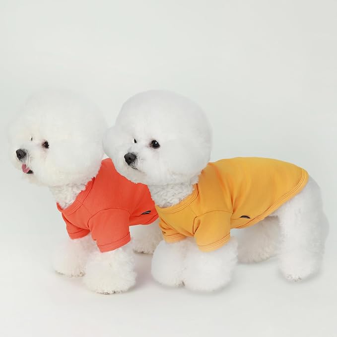 Koneseve Dog Shirts Soft Plain Solid T-Shirt Stretchy - Yellow & Orange 2XL | 2-Pack Breathable Cotton Clothes for Small & Medium Dogs, Easy Tee Pull-On Design, All-Season Daily Wear & Outdoor Walks