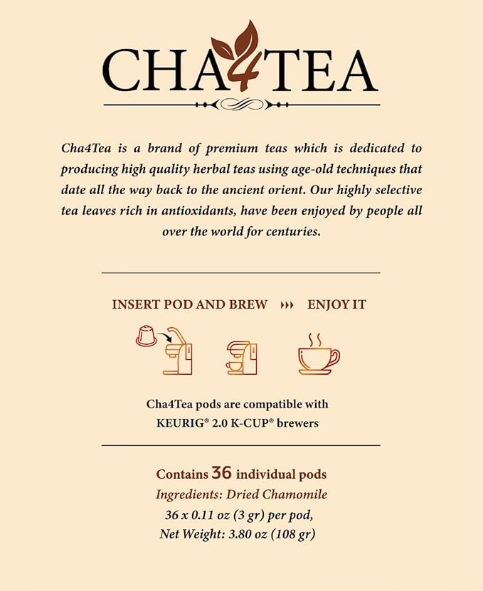 Cha4Tea 36-Count Pure Chamomile Herbal Tea Pods Compatible with Keurig Brewers - Bedtime/Sleep-Well/Nightly Calm/Relaxing Tea