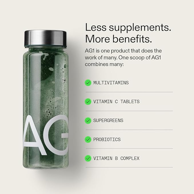 AG1 Greens Powder Supplement | Improve Gut Health | Multivitamin, Probiotic, Gluten Free, Vegan and Keto Friendly | Shaker & Scoop Included | 75 Vitamins (Athletic Greens), Classic Formula