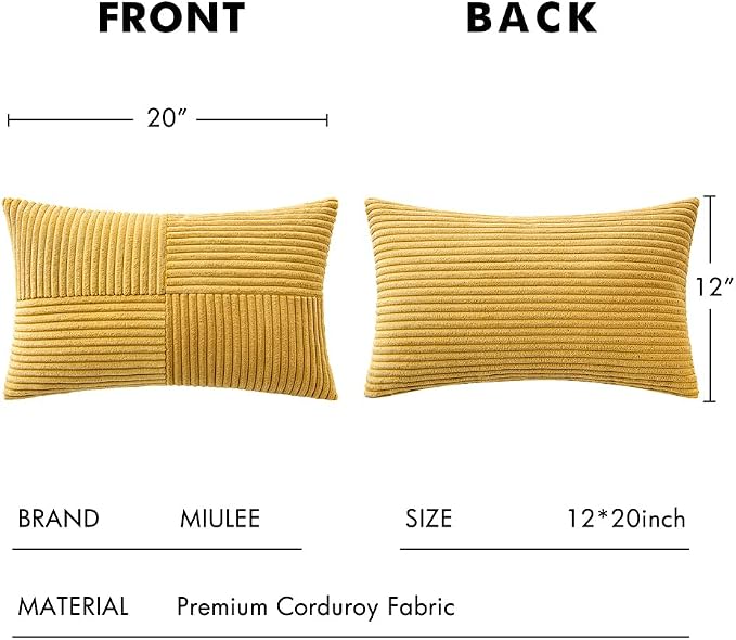 MIULEE Golden Mustard Decorative Lumbar Throw Pillow Covers 12x20 in 2 Pack | Boho Farmhouse Pillow Covers, Soft Cross Corduroy Patchwork Textured Cushion Cases For Bed Sofa