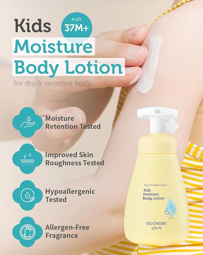 GOONGBE Kids Moisture Body Lotion – 24hr Hydrating Daily Moisturizer for Dry Sensitive Skin – Triple Lipid Complex (Ceramide, Squalane, Cica) – Fast-Absorb Non-Sticky, Allergen-Free 8.45oz