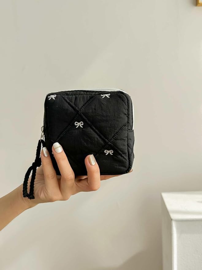 Small Makeup Bag | Discreet Period Bag Pad Pouch for Purse| Sanitary Napkin Storage & Tampon Holder for Travel (Quilted bow black)