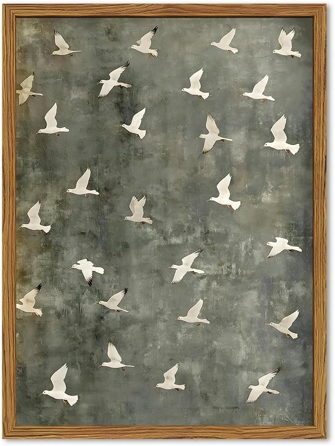Framed Vintage Flying Bird Canvas Wall Art, Minimalist Abstract Flock of White Birds Pictures Wall Decor, Cottagecore Nature Wildlife Prints Paintings for Living Room Bedroom Home Office 16x24 inch