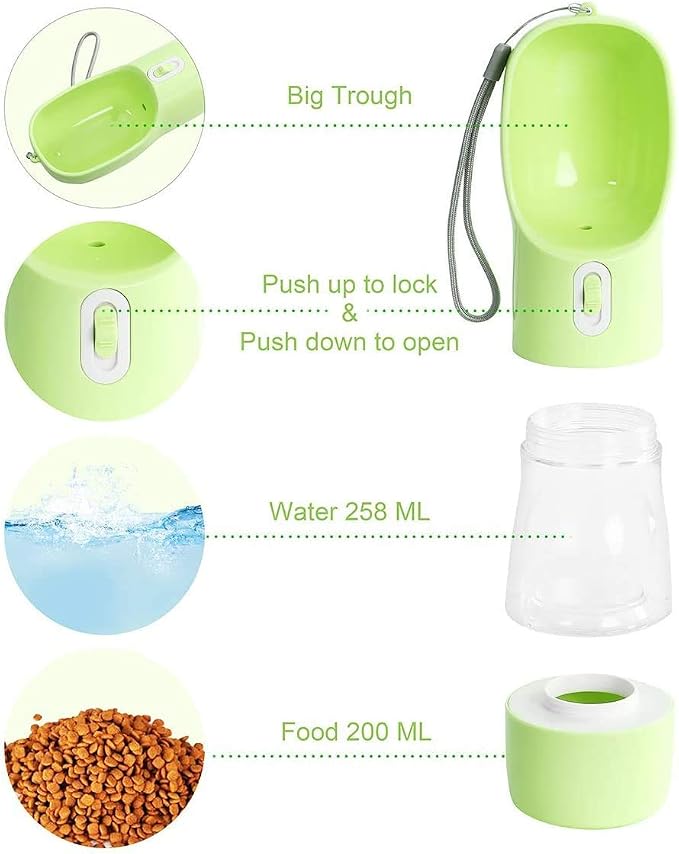 Portable Dog Water Bottle with Food Container Dishwasher Safe-Green