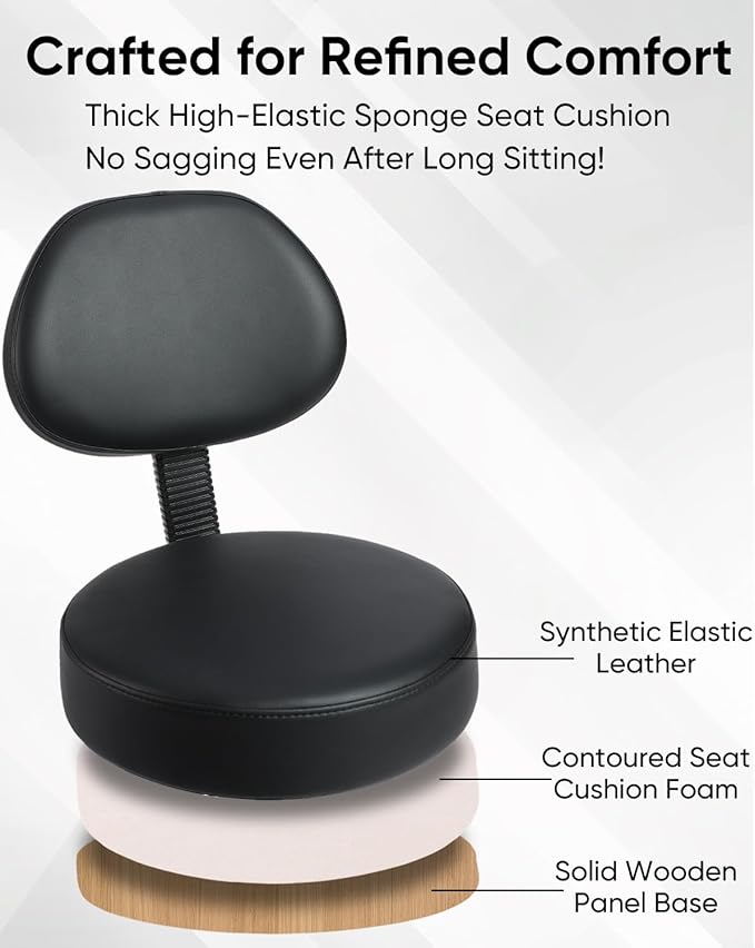 Rolling Stool with Wheels Swivel Stool with Back,Adjustable Heavy Duty Office Stool Multi-Purpose Office Desk Chair,for Guitar Tattoo Shop（Black）