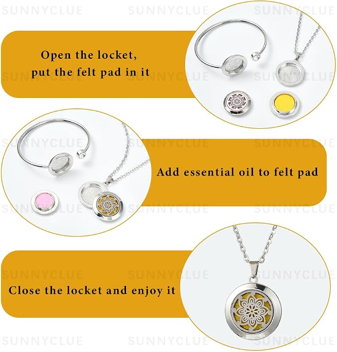 SUNNYCLUE 1Pc Essential Oil Diffuser Bracelet 1Pc Essential Oil Necklace with 10Pcs Refill Pads Flower Stainless Steel Necklaces Adjustable Cuff Bangles Aromatherapy Locket Bracelets for Women Gifts