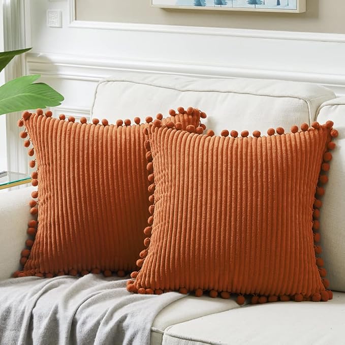 Fancy Homi 24x24 Pillow Covers, 2 Packs Rust Throw Pillow Covers with Pom-poms, Super Soft Corduroy Square Solid Cushion Cover for Couch Sofa Bedroom Living Room 60x60 cm