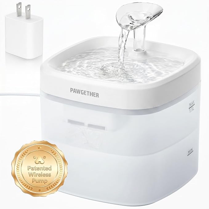 PAWGETHER® Cat Water Fountain with Wireless Pump 51oz/1.5L Dog Water Fountain, Ultra Quiet Automatic Pet Water Fountain Portable Indoor Ourdoor Travel Small Dog Water Dispenser with Adapter White