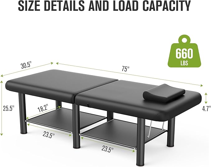 Folding Stationary Massage Table with Backrest and Storage Space for Treatment Table Physical Therapy Table Spa Facial Bed, 6 Round Legs Metal Frame PU Leather, 30.5'' Wide × 75'' Long - Black