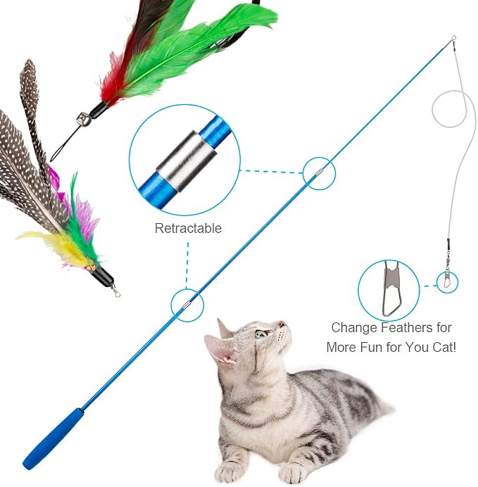 JIARON Cat Toys Interactive Feather Toy, 2PCS Retractable Wand and 10PCS Replacement Teaser with Bell Refills, Interactive Catcher and Funny Exercise for Kitten.